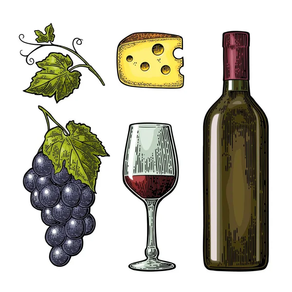 Set de vino. Botella, vaso, queso, racimo de uvas — Vector de stock