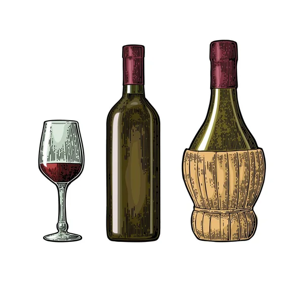 Wijnglas, klassieke en gevlochten fles. Vintage kleur gravure vector — Stockvector