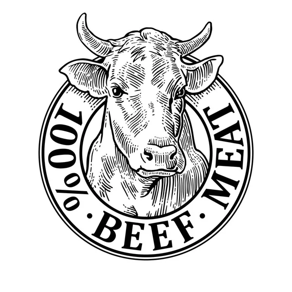 Głowa krowy. 100 procent mięsa wołowego mięsa napis. Grawerowanie Vintage wektor — Wektor stockowy
