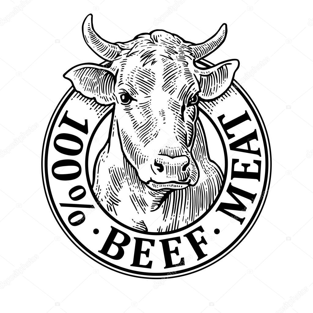 Cows head. 100 percent beef meat lettering. Vintage vector engraving