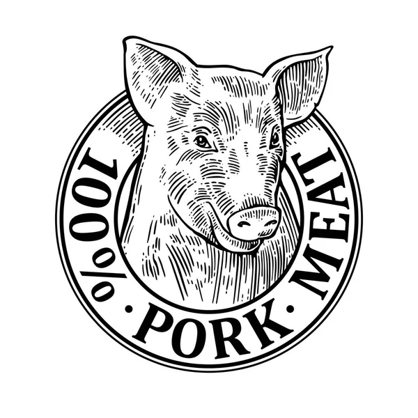 Pig head. 100 percent pork meat lettering. Vintage vector engraving — Stock Vector