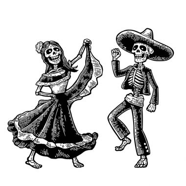 Gün öldü, Dia de los Muertos. Meksika ulusal kostüm dans, şarkı ve oyun gitar iskeleti.