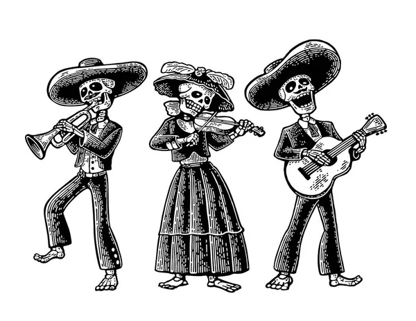 Dia de los Muertos. Esqueleto nos trajes nacionais mexicanos —  Vetores de Stock