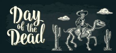 Yatay poster Dia de los Muertos için. Ölü yazı gününde.