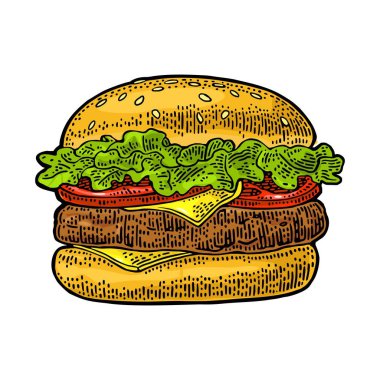 Klasik burger dahil pirzola, domates, salatalık, salata. Vektör vintage oyma