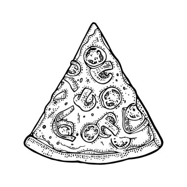 Dilim pizza Meksikalı. Vintage vektör resmi posteri, menü, kutusu için oyma.