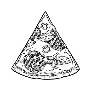 Dilim pizza biberli. Vintage vektör resmi posteri, menü, kutusu için oyma.