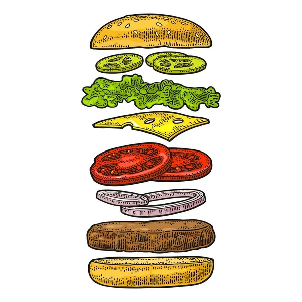Malzemeler beyaz arka plan üzerinde uçan ile Burger. Vektör siyah vintage oyma — Stok Vektör