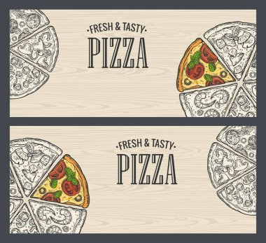 Siyah beyaz ve renkli dilim pizza ile yatay poster
