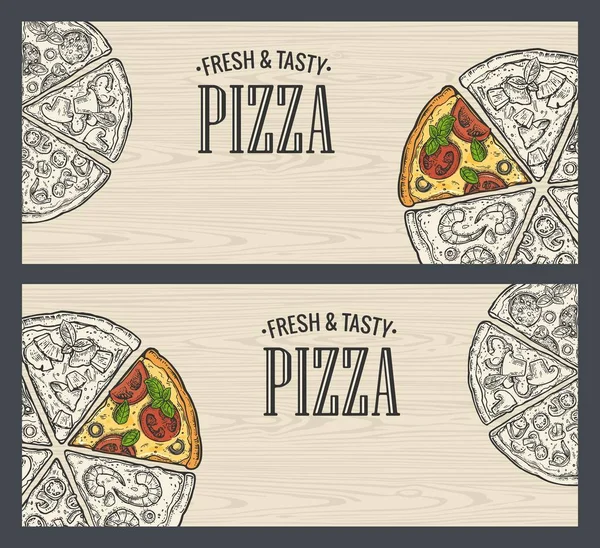 Vízszintes poszter, fekete-fehér és színes szelet pizza — Stock Vector