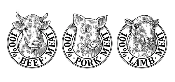 Cows, pig, sheep head. 100 percent beef pork lamb meat lettering — Stock Vector