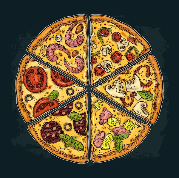 Ställa in slice pizza Pepperoni, Hawaiian, Margherita, mexikanska, skaldjur, Capricciosa. Vintage vektor gravyr illustration för affisch, meny, box. — Stock vektor