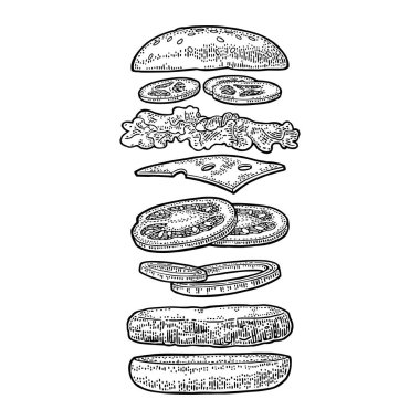Malzemeler beyaz arka plan üzerinde uçan ile Burger. Vektör siyah vintage oyma