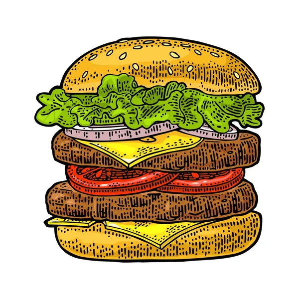 Burger to kotlet, pomidor, ogórek, Sałatka. Grawerowanie vintage wektor czarny — Wektor stockowy