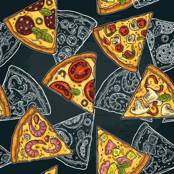 Naadloze patroon slice pizza Pepperoni, Hawaiian, Margherita, Mexicaanse, zeevruchten, Capricciosa. — Stockvector
