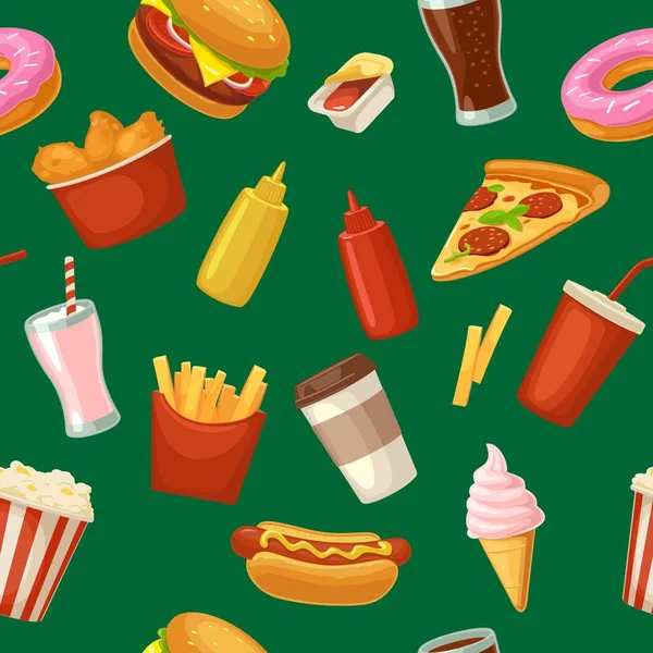 Patrón sin costuras de comida rápida. Copa de cola, café, donut, helado — Archivo Imágenes Vectoriales