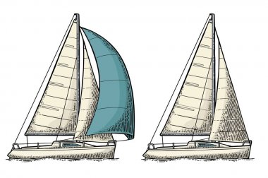 İki yelkenli yat. Yelkenli. Çizilmiş düz illüstrasyon vektör