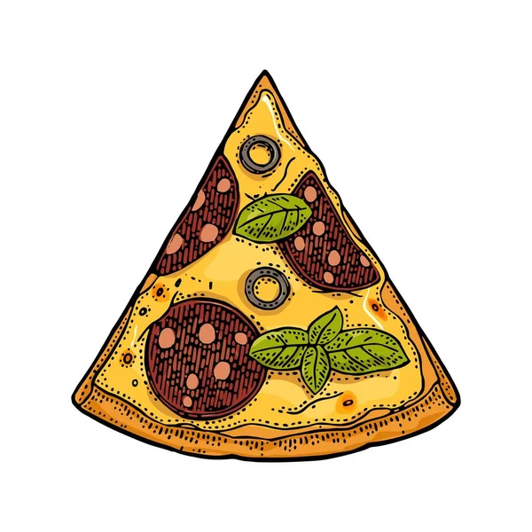 Tagliare la pizza al salame piccante. Illustrazione dell'incisione vettoriale vintage per poster, menu, scatola . — Vettoriale Stock