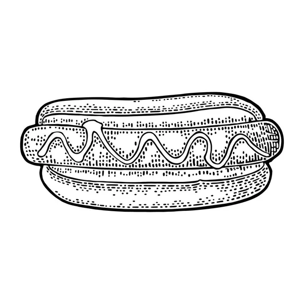 Hotdog met mosterd. Bovenaanzicht. Vector zwart vintage gravure — Stockvector