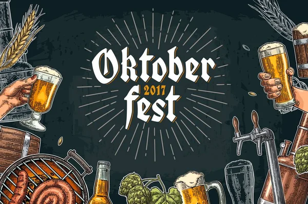Set de cervezas con grifo, clase, lata, botella para el festival oktoberfest — Vector de stock