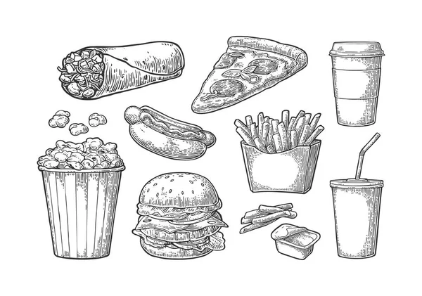 Impostare fast food. Caffè, hamburger, pizza, hot dog, patate fritte, popcorn — Vettoriale Stock