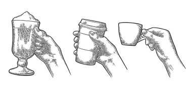 Hands holding a cup of coffee holder and glass of latte clipart