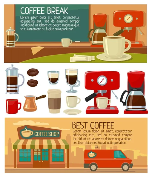 Coloque pancartas para el servicio de café en la tienda y la cafetería. Ilustración vectorial plana . — Vector de stock