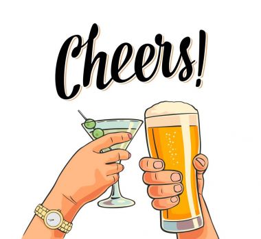 Elleri tutan ve iki bardak bira ve kokteyl ile sorun.