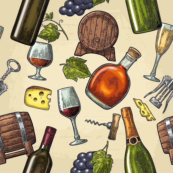 Jednolity wzór napoje produkowane z winogron. Wina, brandy, szampan butelka, szkło — Wektor stockowy