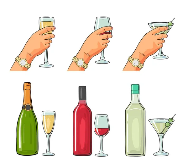 Bouteille et verre cocktail, liqueur, vin, champagne . — Image vectorielle