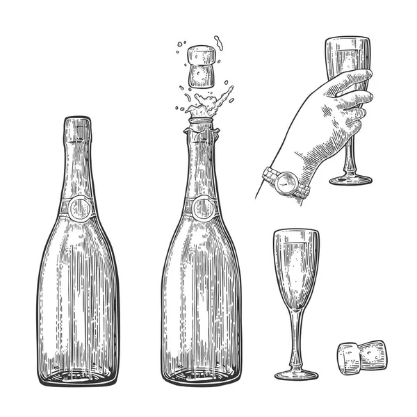Fles Champagne explosie en hand houd glas. — Stockvector