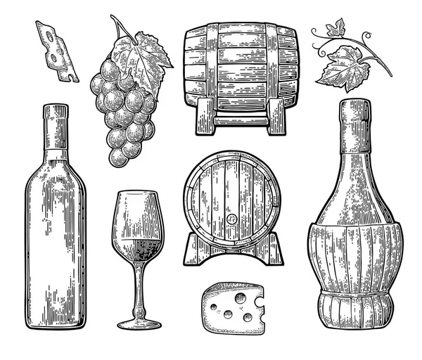 Weinset vorhanden. Flasche, Glas, Fass, Käse, Trauben mit Beere und Blatt. — Stockvektor