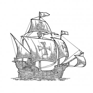 Dalgalar deniz üzerinde yüzen gemi yelken. Caravel Santa Maria.