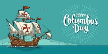 Dalgalar deniz üzerinde yüzen gemi yelken. Caravel Santa Maria.