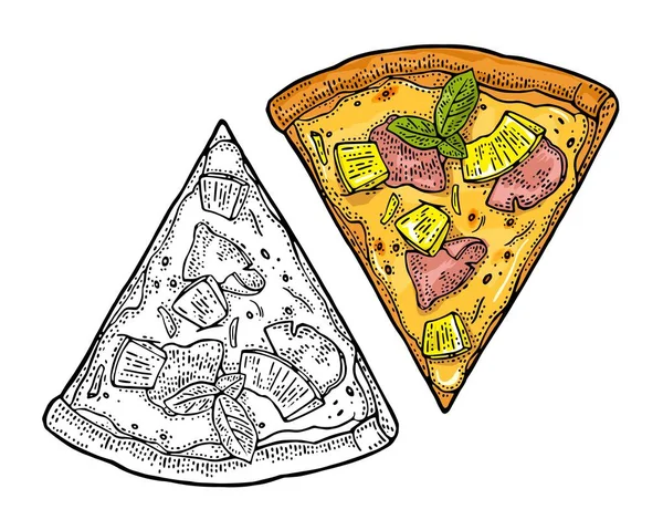 Rebanada de pizza hawaiana. Ilustración de grabado vectorial vintage para póster, menú, caja . — Vector de stock