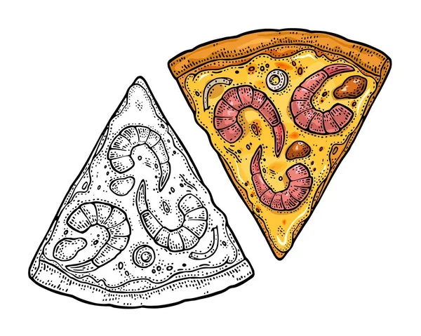 Cortar pizza mariscos. Ilustración de grabado vectorial vintage para póster, menú, caja . — Archivo Imágenes Vectoriales