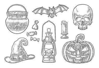 Cadılar Bayramı Balkabağı korkunç yüzü. Vektör vintage oyma çizim.