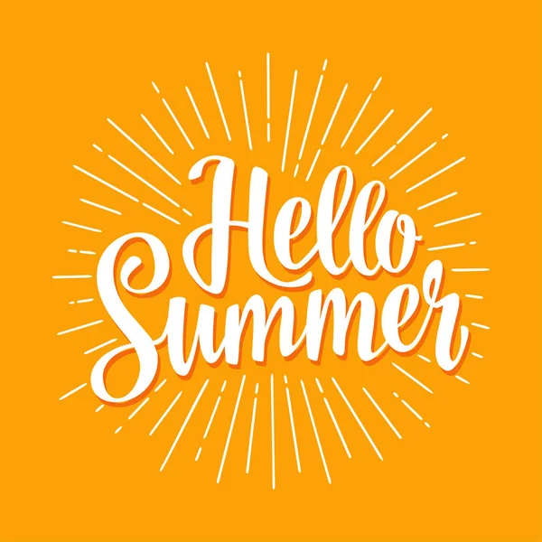 Hello summer hand drawn lettering with rays. — Stock Vector