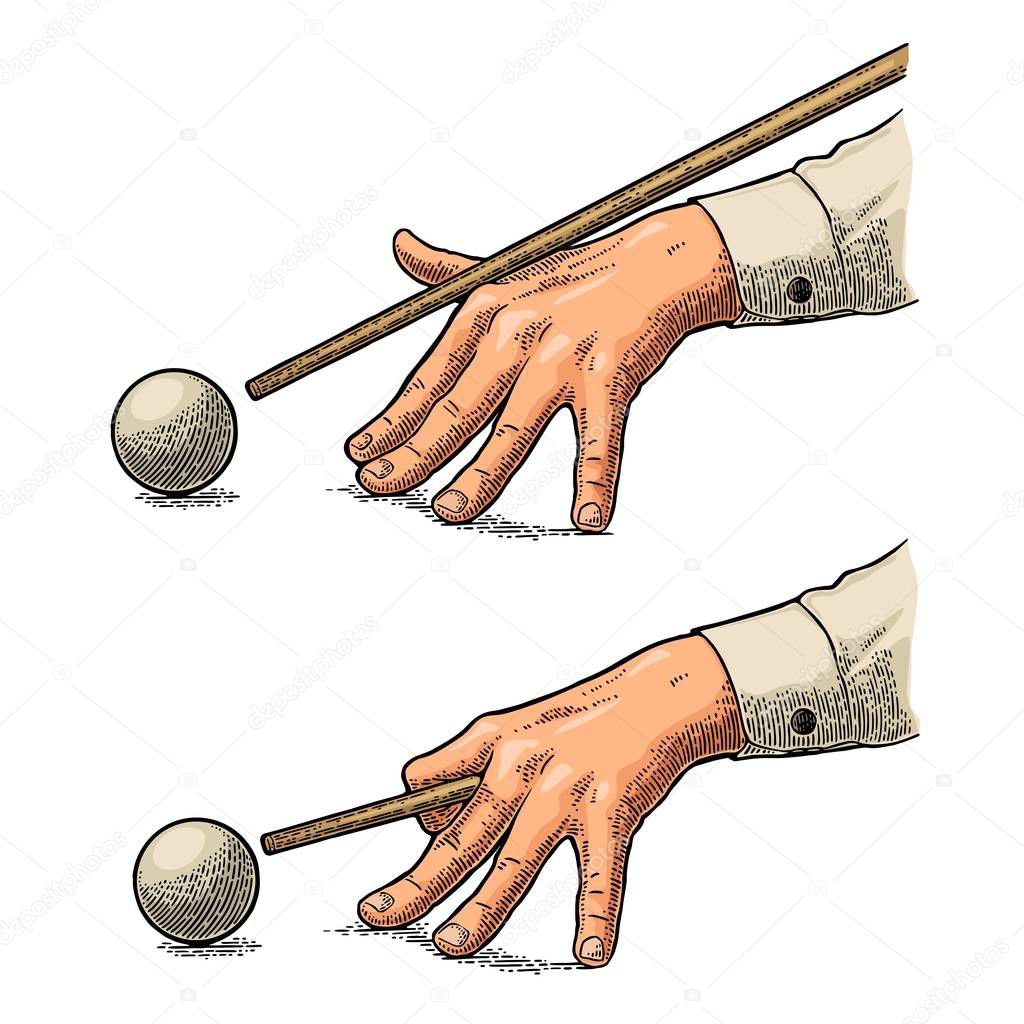Male hand in a shirt is aimed cue the ball.