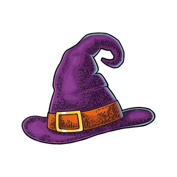 Halloween witch hat with buckle. Vector engraving — Stock Vector