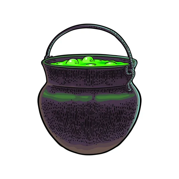 Halloween cauldron. Magic Pot with bubbles. Vector engraving — Stock Vector
