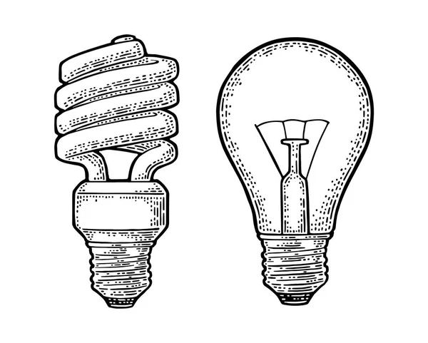 Lámpara espiral de ahorro de energía y bombilla incandescente de luz brillante. Grabado — Vector de stock