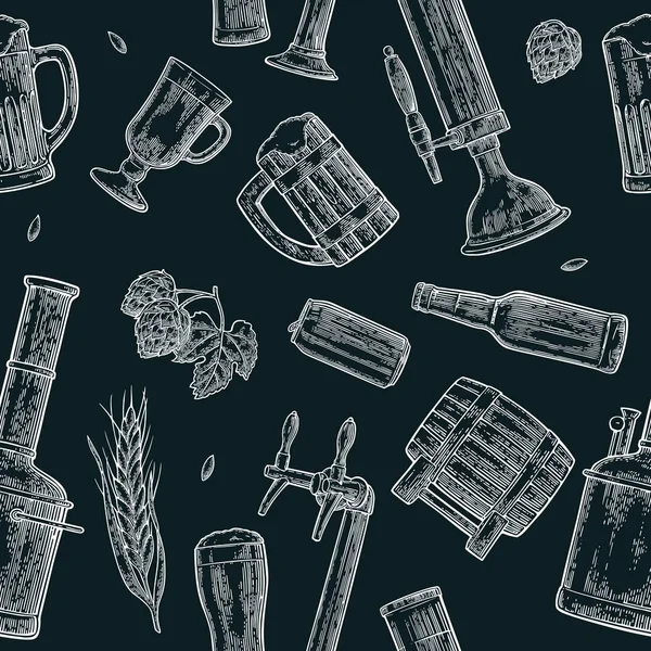 Robinet de bière sans couture, classe, boîte, bouteille et houblon. — Image vectorielle