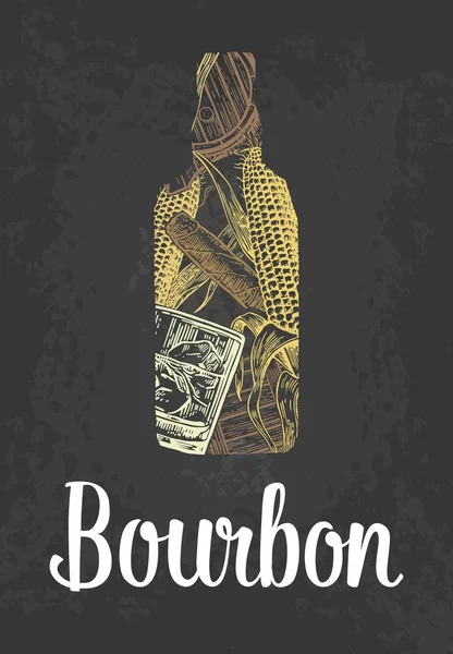 Bouteille de bourbon avec verre, glaçons, tonneau, cigare. Croquis couleur dessiné à la main sur fond noir vintage. Illustration gravée vectorielle . — Image vectorielle