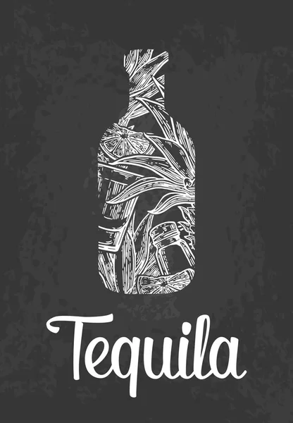 Botella de tequila con vidrio, cactus, sal y lima . — Vector de stock