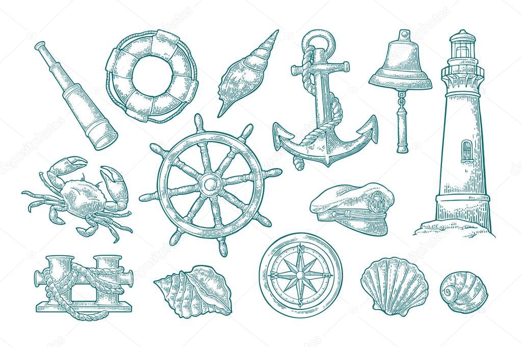 Anchor, wheel, bollard, hat, compass rose, shell, crab, lighthouse engraving