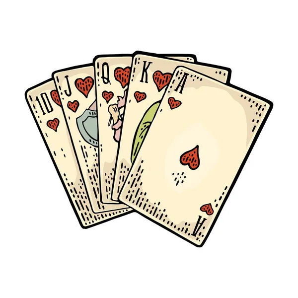 Royal Flush em corações. Mão masculina segurando uma carta de jogo . — Vetor de Stock