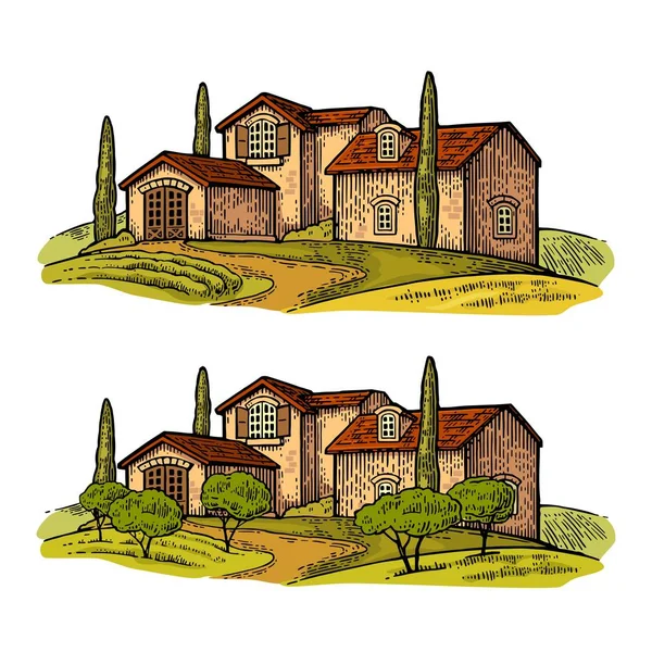 Villa veya çiftlik alanı, zeytin ağacı ve selvi ile kırsal manzara