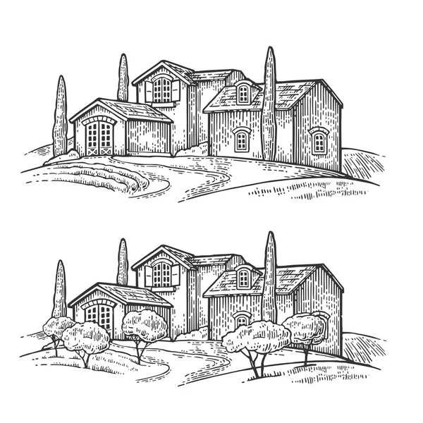 Paisaje rural con villa o finca con campo, olivo y ciprés — Vector de stock