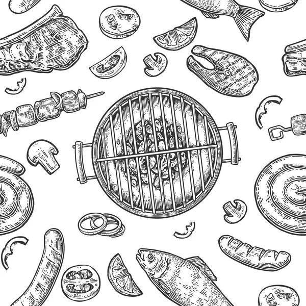 Barbecue à motifs sans couture. Vue du dessus charbon, saucisse, poisson, steak . — Image vectorielle